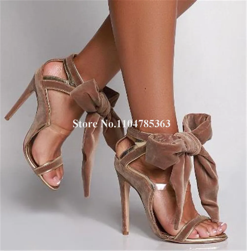 

Newest Velvet Patchwork Clear PVC Straps Stiletto Heel Gladiator Sandals Open Toe Brown Red Green Bowtie Lace-up Thin heels