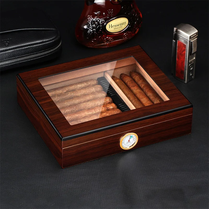 Cigar Storage Box with Humidifier Hygrometer, 25 Cigars  Cedar Wood Lined Cabinet,  Glass Top Portable Handmade Cigar Box