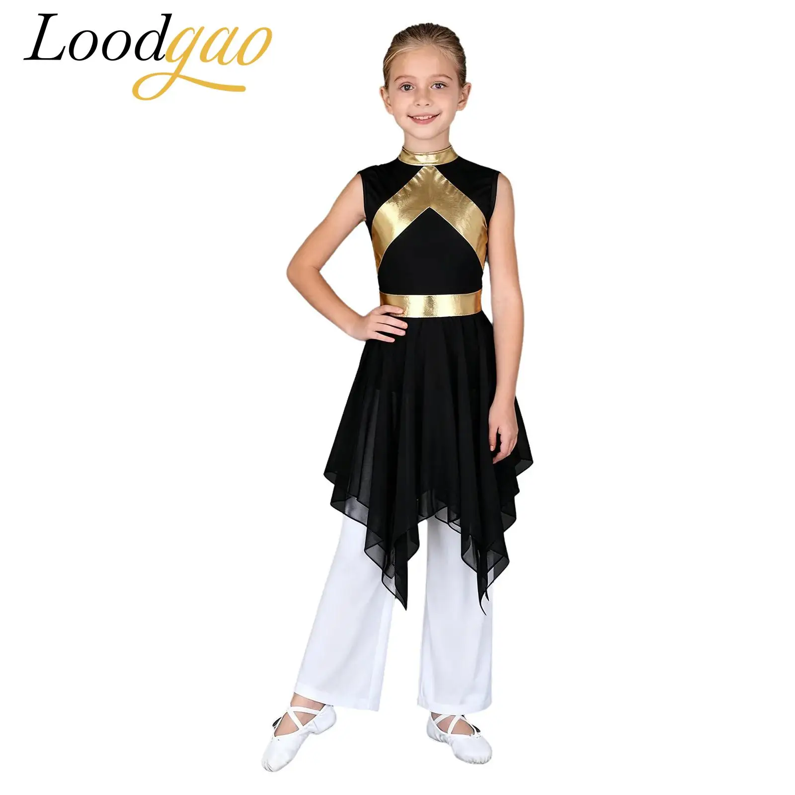 

Kids Girls Praise Dress Church Choir Worship Dress Lyrical Liturgical Dance Outfit Metallic Modern Dance Dress with Pants