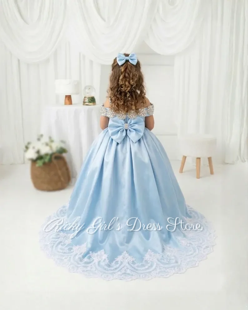Elegant Blue Flower Girl Dresses For Wedding Beaded Bow Off Shoulder Lace Kids First Communion Gown Customized Floor Length