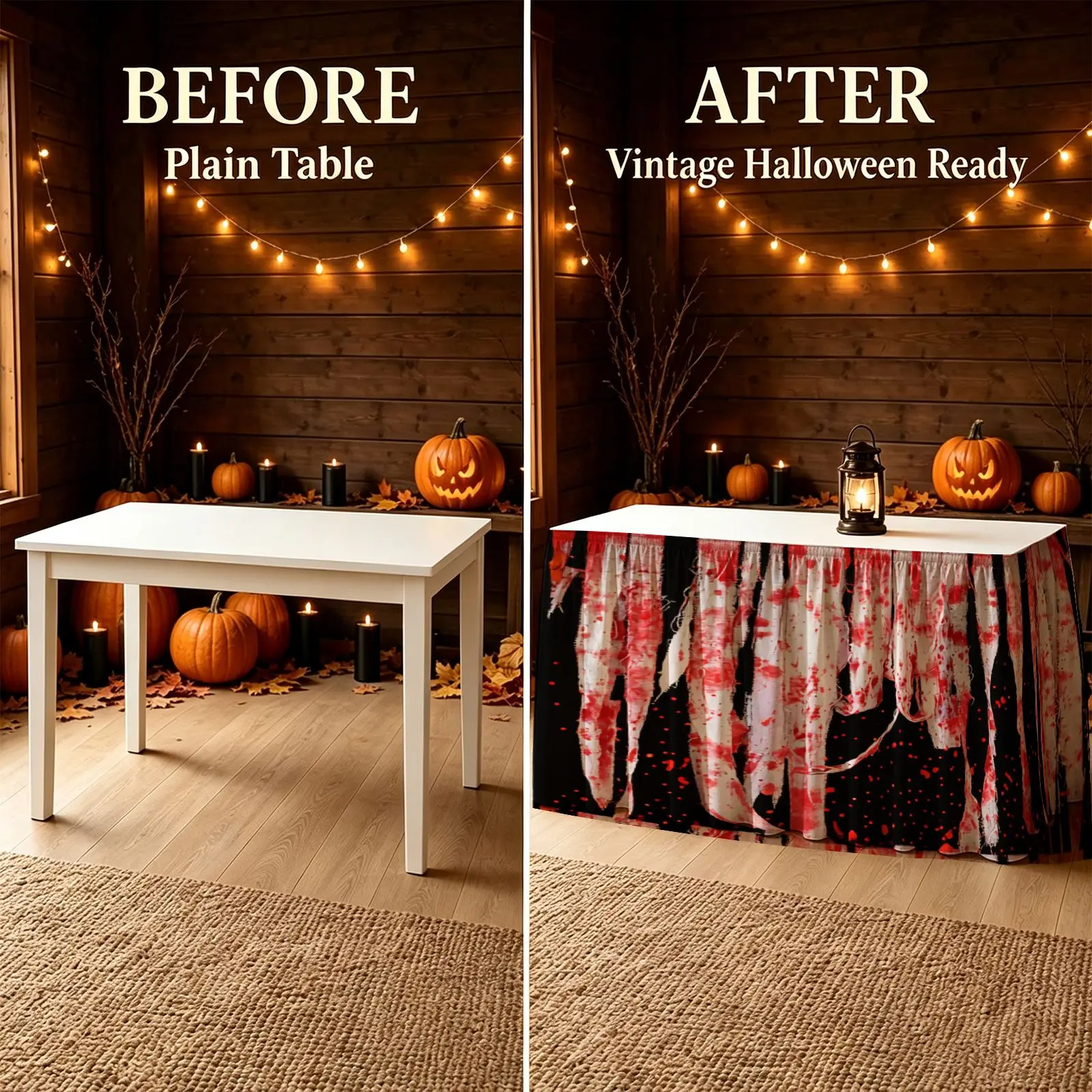 Halloween Christmas Party Scary Tablecloth - 1 piece - Blood red with white stripes and red splatters