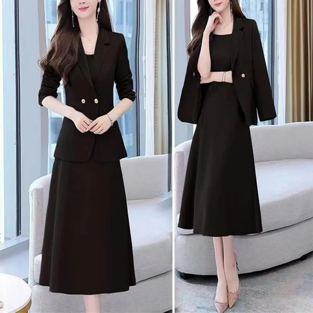 2 Pcs/Set Women Coat Pants Suit Turn-down Collar Long Sleeves Suit Coat A-line Sleeveless Strappy Dress OL Commute Formal Busine