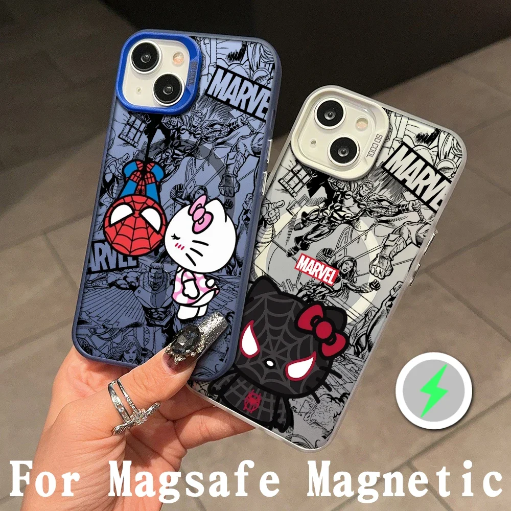 Cute Hello Kitty Kiss Spiderman Magsafe Magnetic Phone Case for IPhone 11 12 13 14 15 16 Pro Max Plus Lens Border Plated Cover