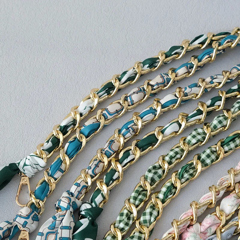 New Fashion Brand Woman Handbag Accessory Chains Detachable Floral Print Metal Silk  Shoulder Strap Women DIY Chain Bag Handles