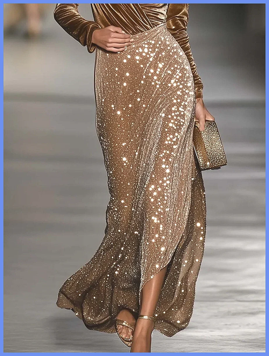 Abito da Sera Vintage in Velluto con Patchwork e Paillettes, Elegante Vestito Aderente da Cerimonia per Donne