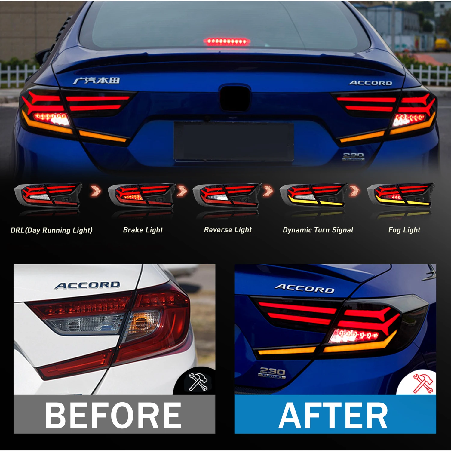 HCMOTIONZ LED Tail Lights Assembly For Honda Accord 2018 2019 2020 2021 2022 DRL Car Styling Back Lamps Rear Light Accessories