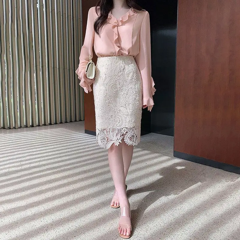 Elegant High Waist Lace Half Skirt Women's Spring Summer Fashion Ladylike Korean Style High Goddess Sensation Long Skirt