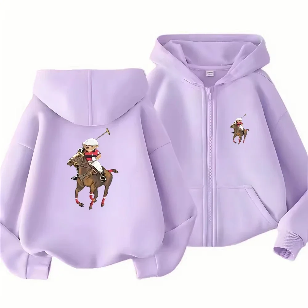 Boys Full Zip Hooded Sweatshirt Vintage Cartoon Equestrian Bear Rider Pattern Loose Daily Kids Outerwear With Front Pocket