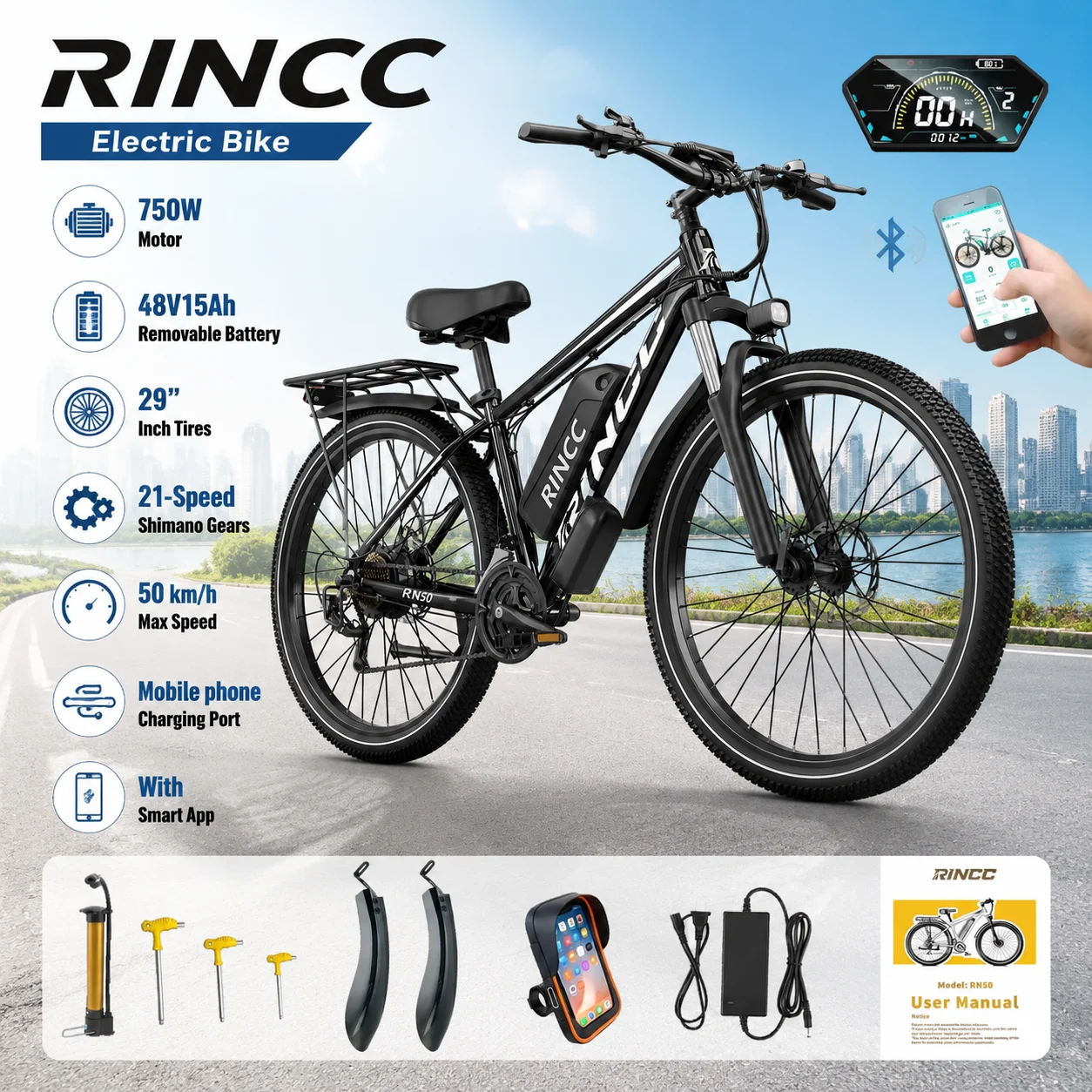 Vélo électrique 48V15Ah 750W, pneus 29 pouces, 21 vitesses, vitesse maximale 50 km/h, port de charge pour téléphone portable, vélo de montagne et de banlieue avec application intelligente, cadre triangulaire arrière en aluminium, écran couleur diamant, vélo électrique
