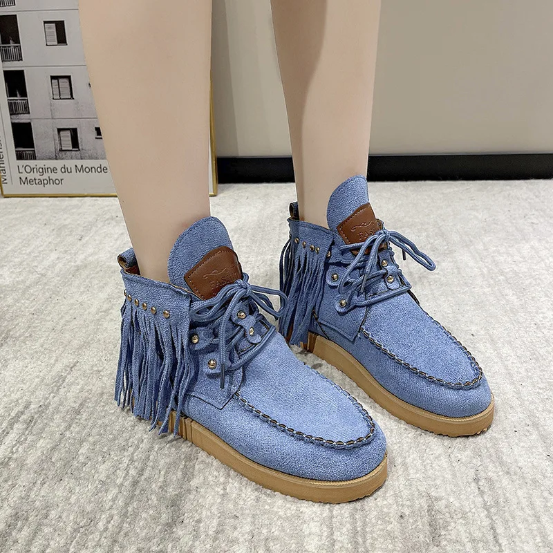 Large Size 2026 Spring and Autumn New Fringed Lace-up Ankle Boots for Women, Western Denim, Suede, Short Top, Flat Bottom，36-43