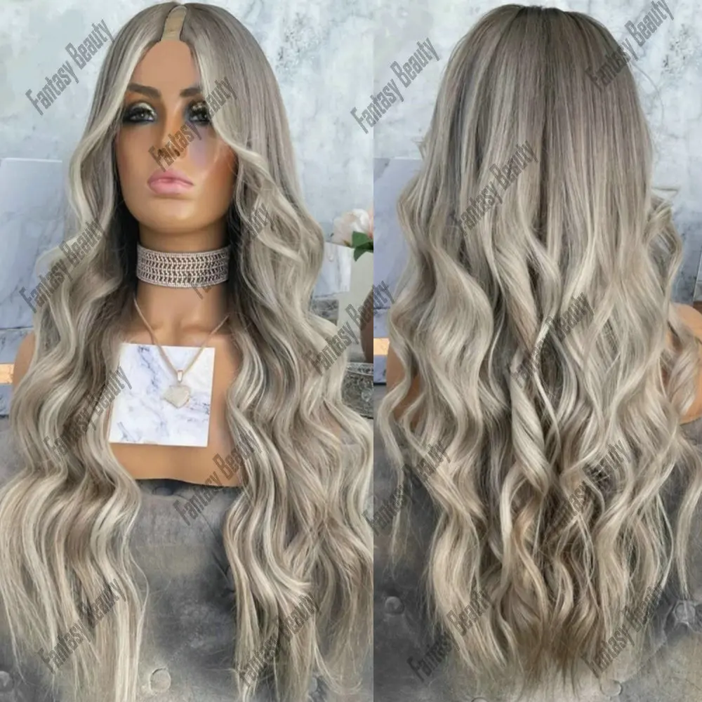 Light Grey Ash Brown Hightlight V Part Wigs 100% Human Hair for Women Loose Wavy Glueless 1*4 Size U Shaped Part Wig Human Hair