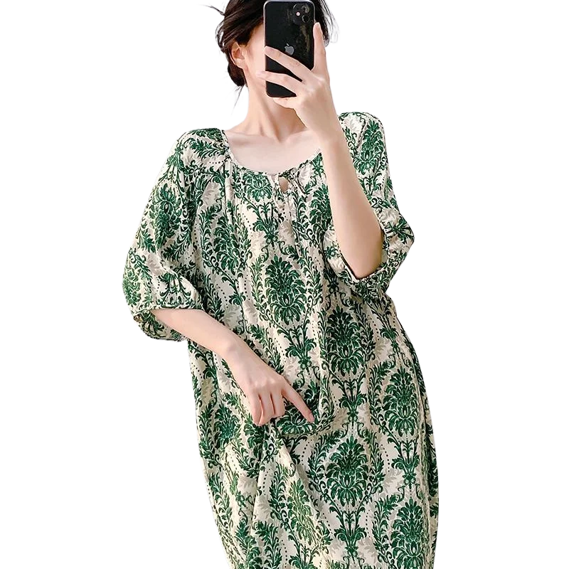 Short-sleeved Cotton and Silk Nightgown Artificial Underwear Women's Summer Medium-sleeved Long Dress Large-size Maternity Dress