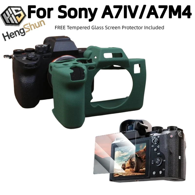 For Sony A7IV A7M4 Camera Lychee‑Texture Silicone Case Skin,Shockproof Anti‑Slip Protective Cover + 1PCS Tempered Glass Screen