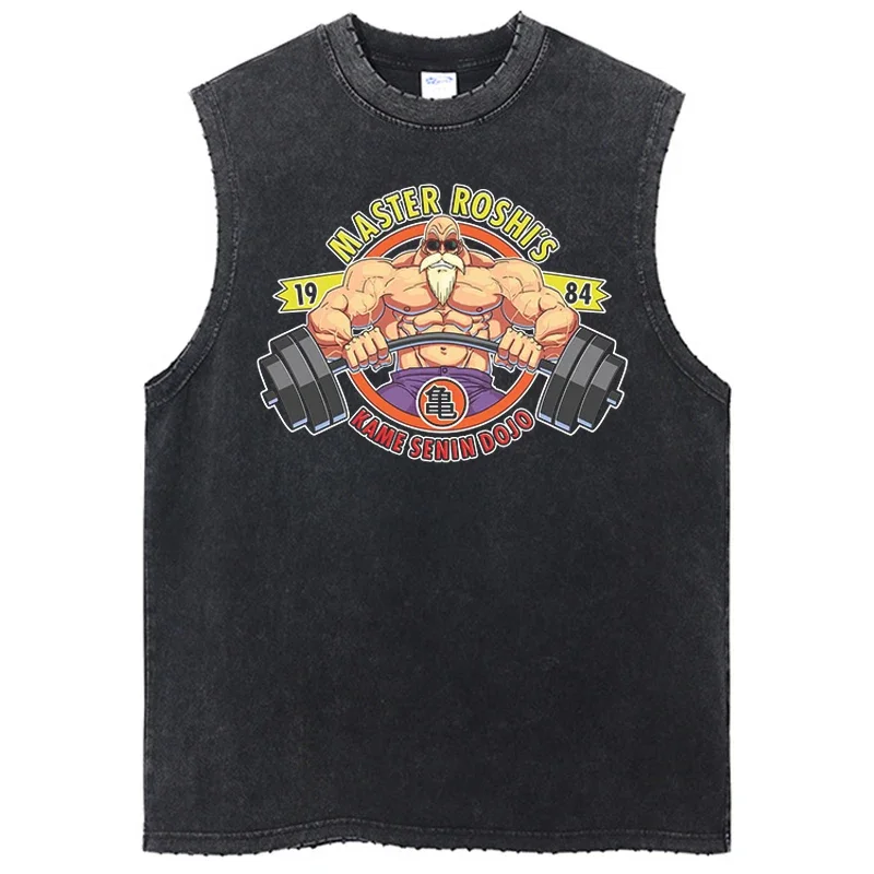 Vintage Sleeveless T-Shirt Dragon Ball Z Men Anime Oversized Tank Tops Tees Cotton Casual Washed Black Harajuku Vest T-shirt