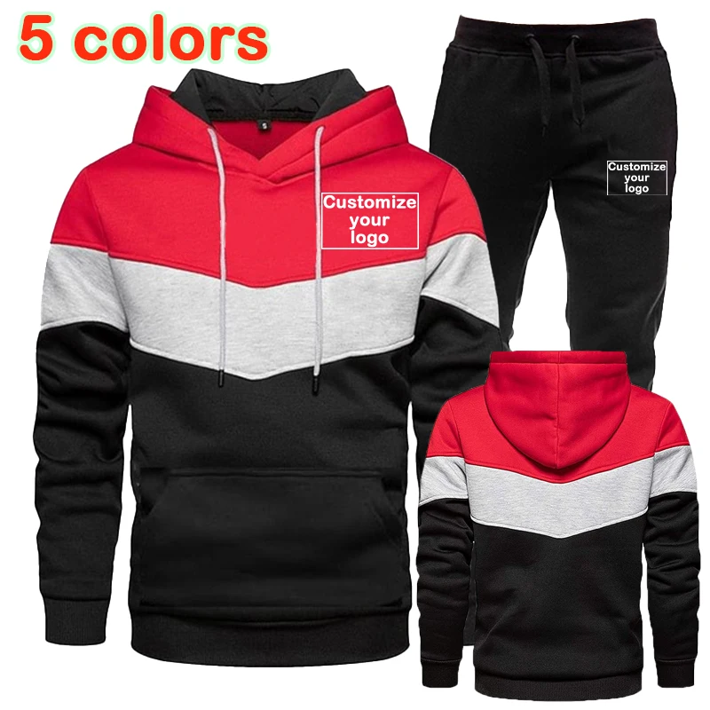 2024 Set sportivo da uomo personalizzato il tuo Logo felpa con cappuccio tricolore Set da 2 pezzi con felpa con cappuccio + pantaloni della tuta Set da Jogging