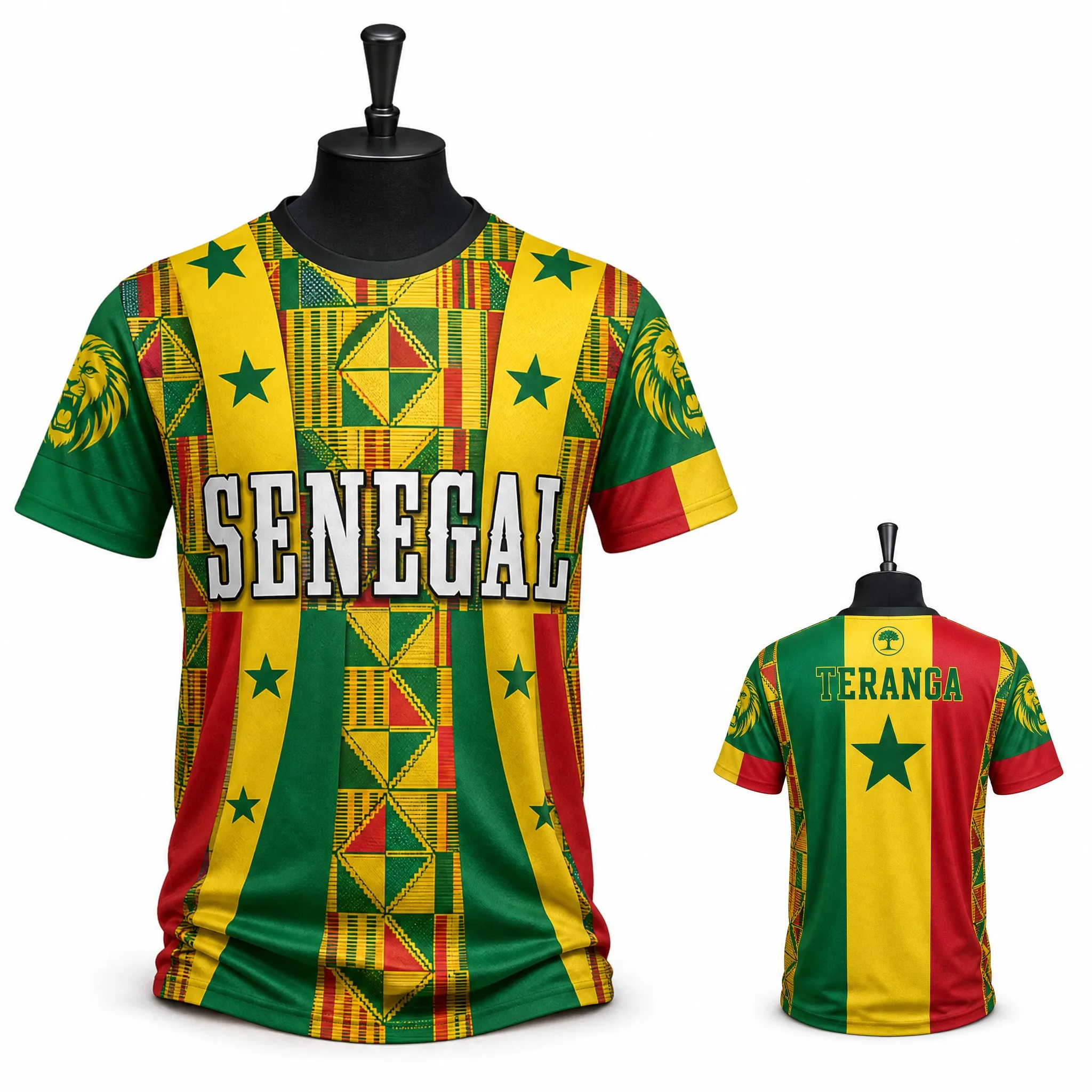Senegal Mens Kente Patchwork Graphic Tee Tricolor Short Sleeve Fan Shirt Street Stadium Casual Heritage Pride Top Summer Daywear