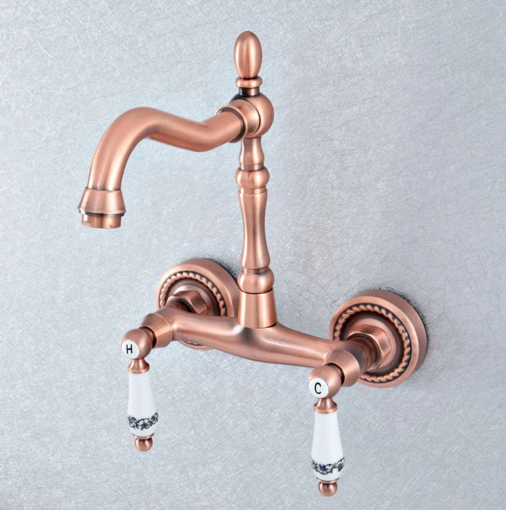 

Antique Red Copper Brass Wall Mounted Kitchen Wet Bar Bathroom Vessel Basin Sink Hot Cold Mixer Tap Swivel Spout Faucet msf889