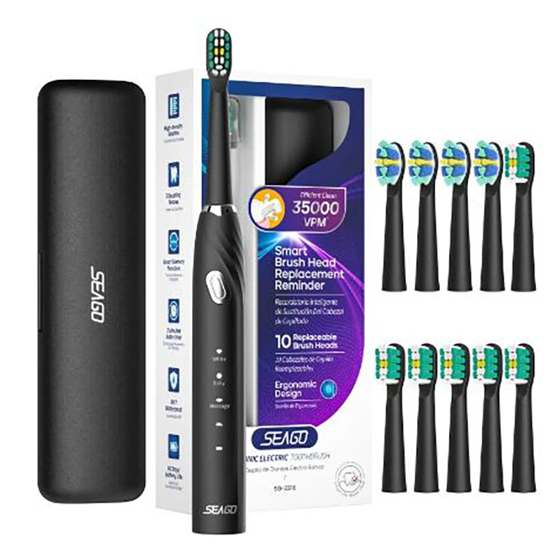 Seago Electric Toothbrush with 10 Brush Heads Travel Box and Toothbrush Holder Rechargeable Power Toothbrush Gift for Family