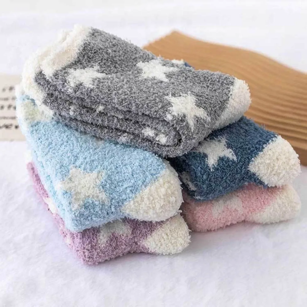 New Star Pattern Coral Fleece Socks Breathable Soft Floor Socks Warm Thickened Middle Tube Socks Autumn Winter
