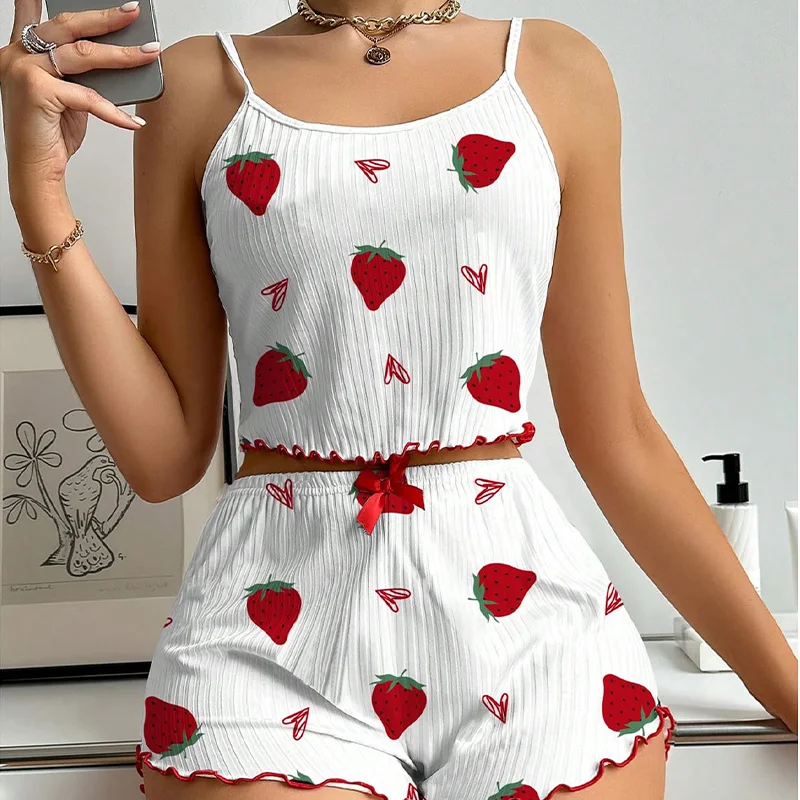 

Women's Pajamas Strawberry Printed Bow Pajama Set Tank Top and Lettuce Bordered Shorts 2-Piece Set Women's Pajamas