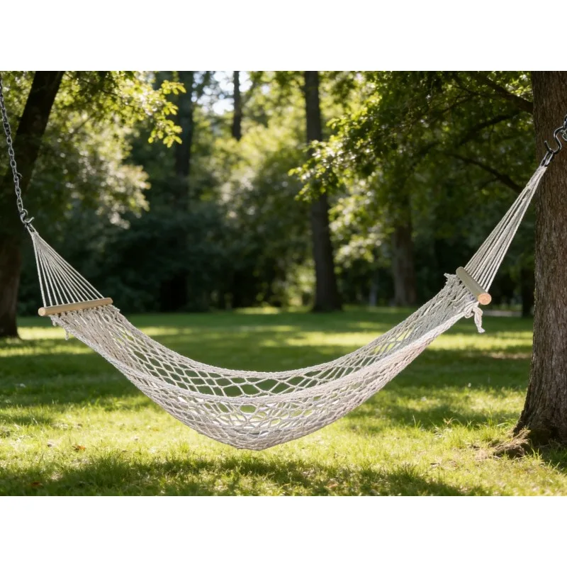 Cotton Rope Net Hammock With Solid Wood Spreader Bar Breathable Mesh Foldable Outdoor Camping Swing Bed