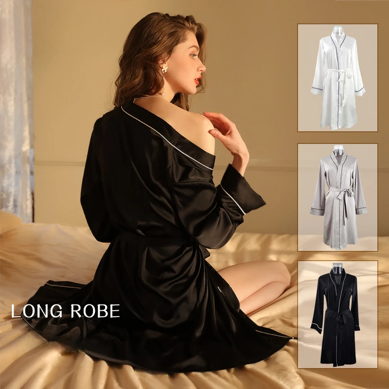 Imitation Silk Gown Women Smooth Sleepwear Pajamas Sexy Bathrobe Cardigan Nightgown Home Wear Comfortable Nightwear Nightshirt