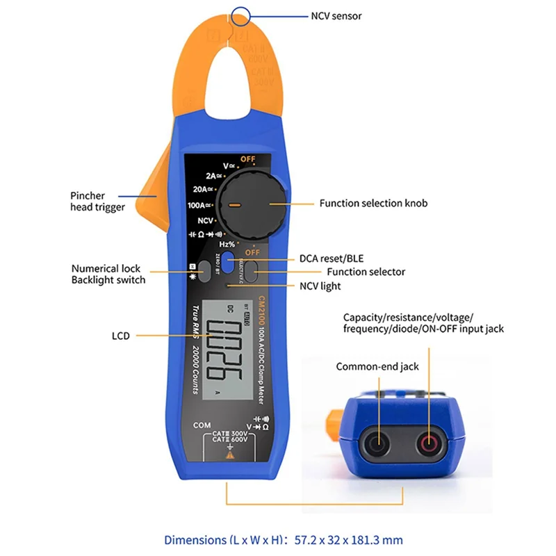 Owon CM2100B 20000 Counts Digital Multimeter Mini Clamp Meter 100A 600V AC/DC Voltmeter Ammeter HZ NCV VFC Meter