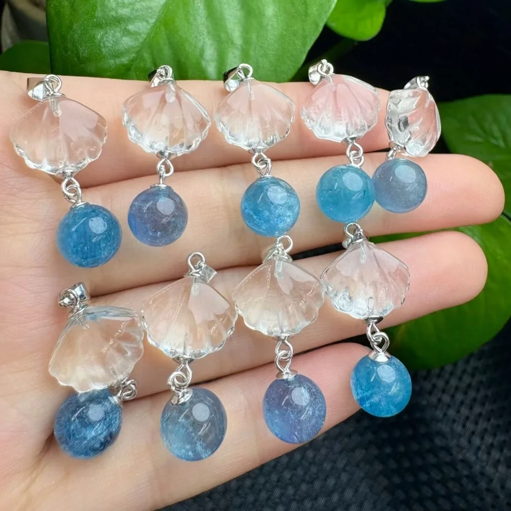 S925 30mm Natural Quartz Shell And Aquamarine Sphere Pendant Healing Necklace Fashion Jewelry Accessories Exquisite Gift 1pcs