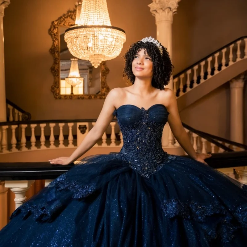 

Dark Blue Quinceanera Dress off-shoulder Glitter Crystal Lace Layering Decal Long tail Bow vestidos de 15 Quinceanera ﻿Customize