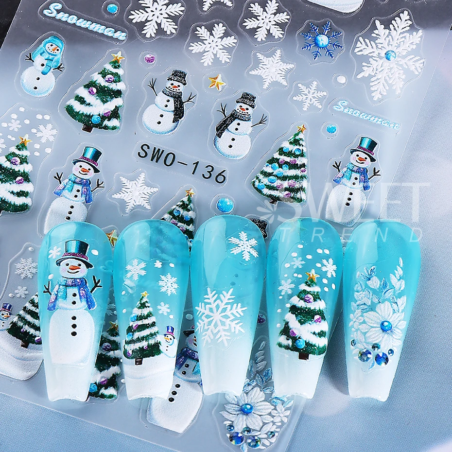 5 pz/set Adesivi Per Unghie Di Natale Babbo Natale Fiocchi di Neve Pupazzo di Neve Arco In Rilievo Decalcomanie Per Unghie Inverno Capodanno Manicure Decor Slider