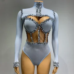 High Street Nightclub Dance Show Leotard Stage Performance Outfit Women Sparkly Rhinestones Turtleneck Hollow Out Bodysuit