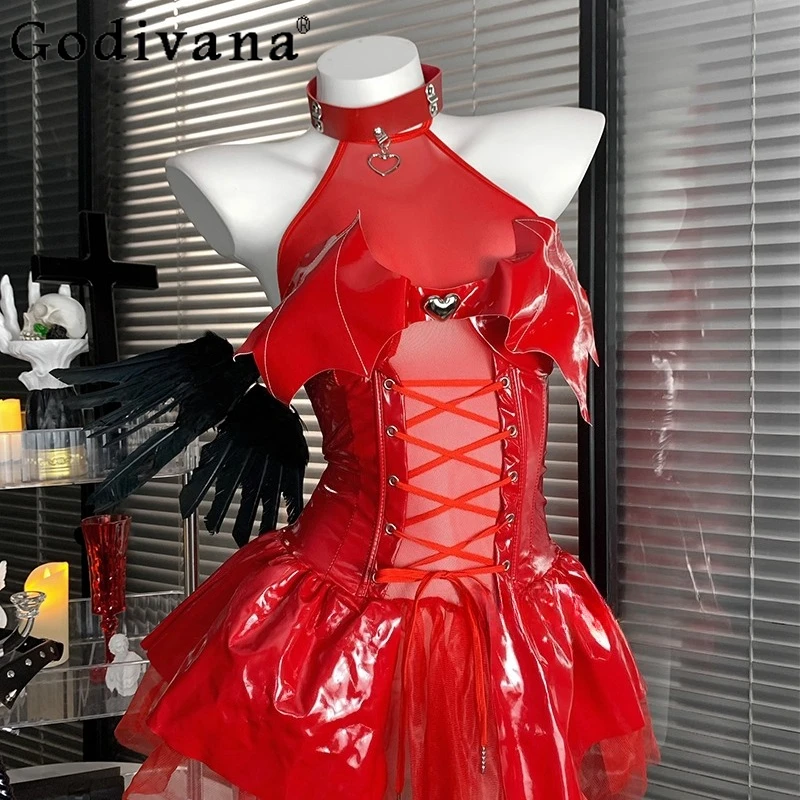 Сексуальная глянцевая ночная рубашка с кожаным ремешком, женская ночная рубашка с открытой шеей и суккусом, перспективное платье для косплея, женское вечернее платье на Хэллоуин