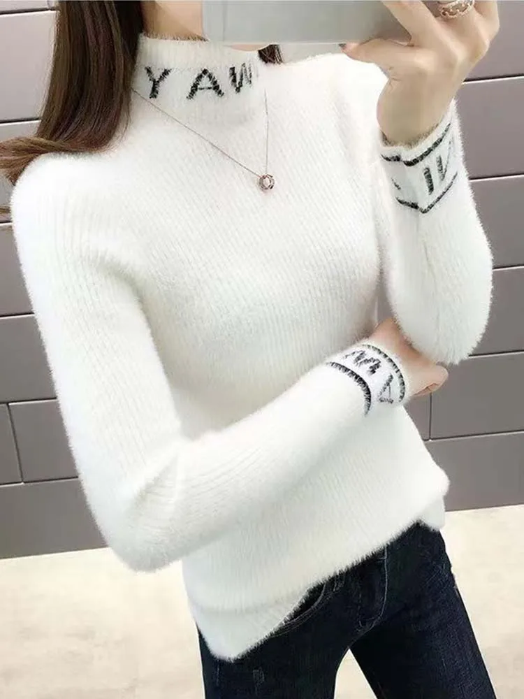 

Thiened Fake Mink f свитер с высоким воротником, женский осенне-зимний новый свободный длинный свек, универсальный вязаный топ