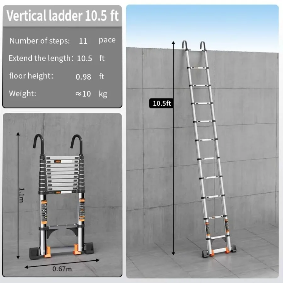 Telescoping Extension Ladder with Stable Hook and Stabilizer Bar 10.5 FT Heavy Duty Collapsible Ladder 330lbs Max Capacity Mult