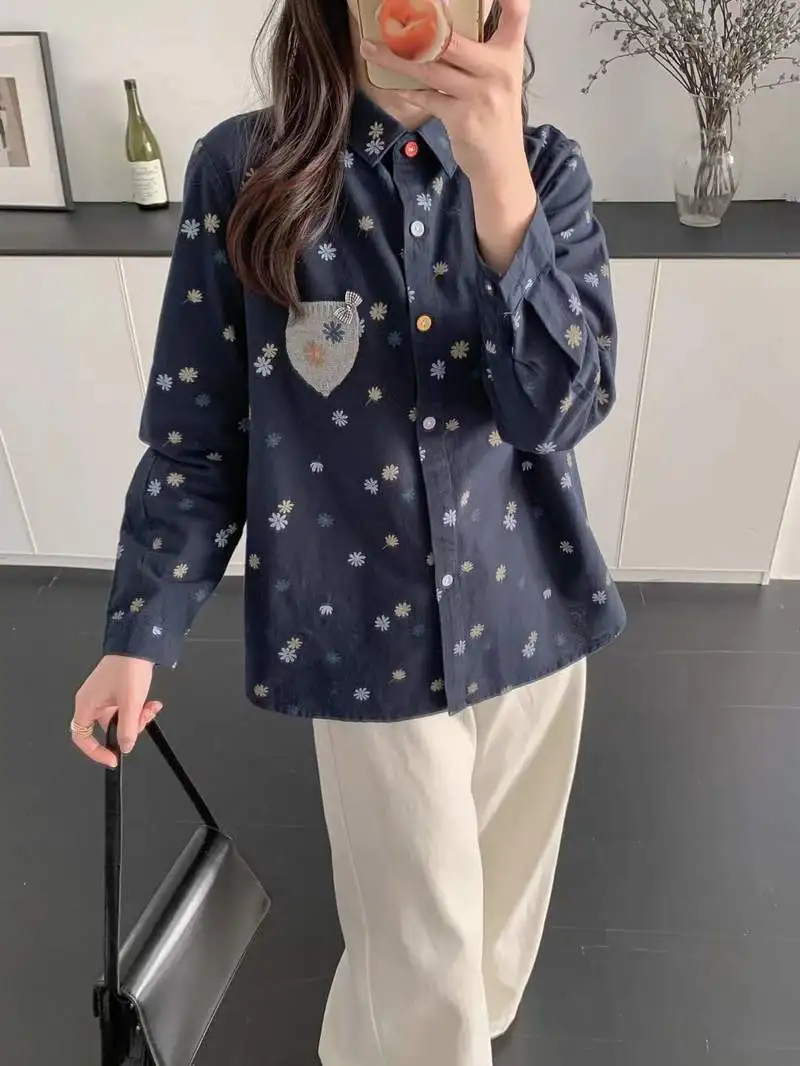 New 2025 Winter Cotton Long Sleeve Brushed Shirt, Women Lapel Knit Pocket Patchwork, Mori Girl OL Commute Loose Blouse T5D422CC