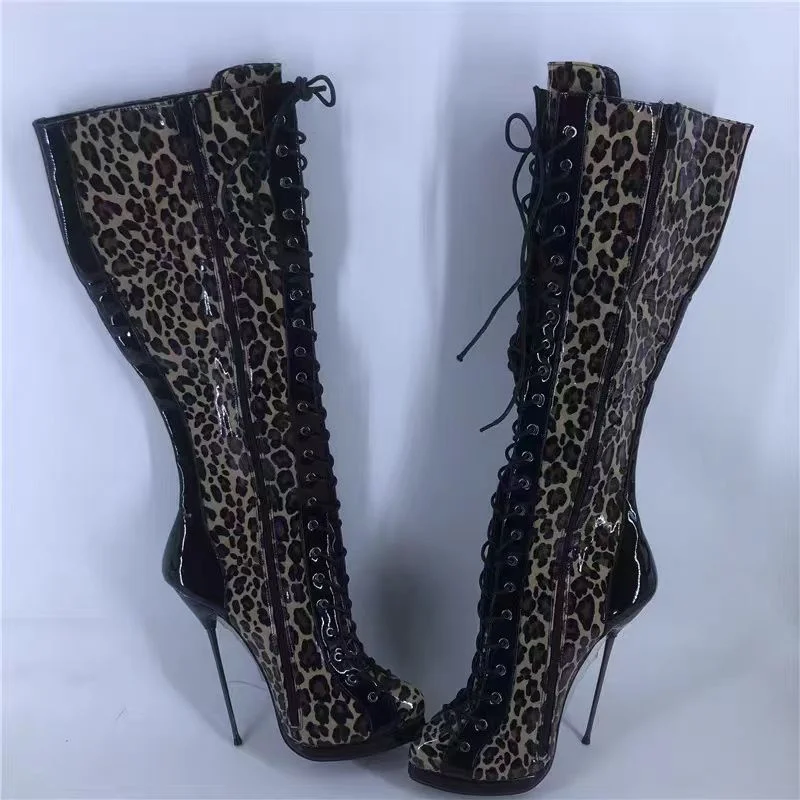 Stivali in pelle verniciata con lacci leopardati punta a punta tacco alto sottile moda Sexy Cool Western inverno donna scarpe Zapatillas Mujer