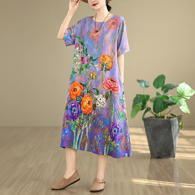 Midi Skirt Floral - High-End Women's Cotton Lin Dress Summer