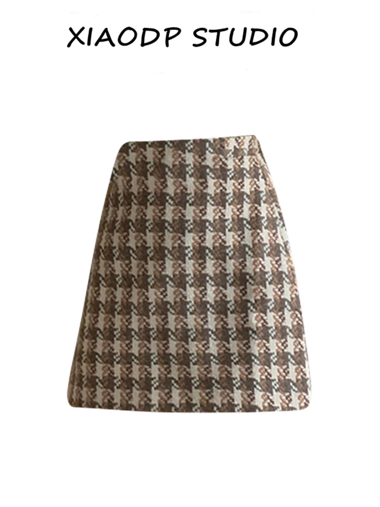 High Waist Plaid A-Line  Skirt Women's plus Size Autumn Korean Style Woolen Wrap around Skirt Commute Friendly Design