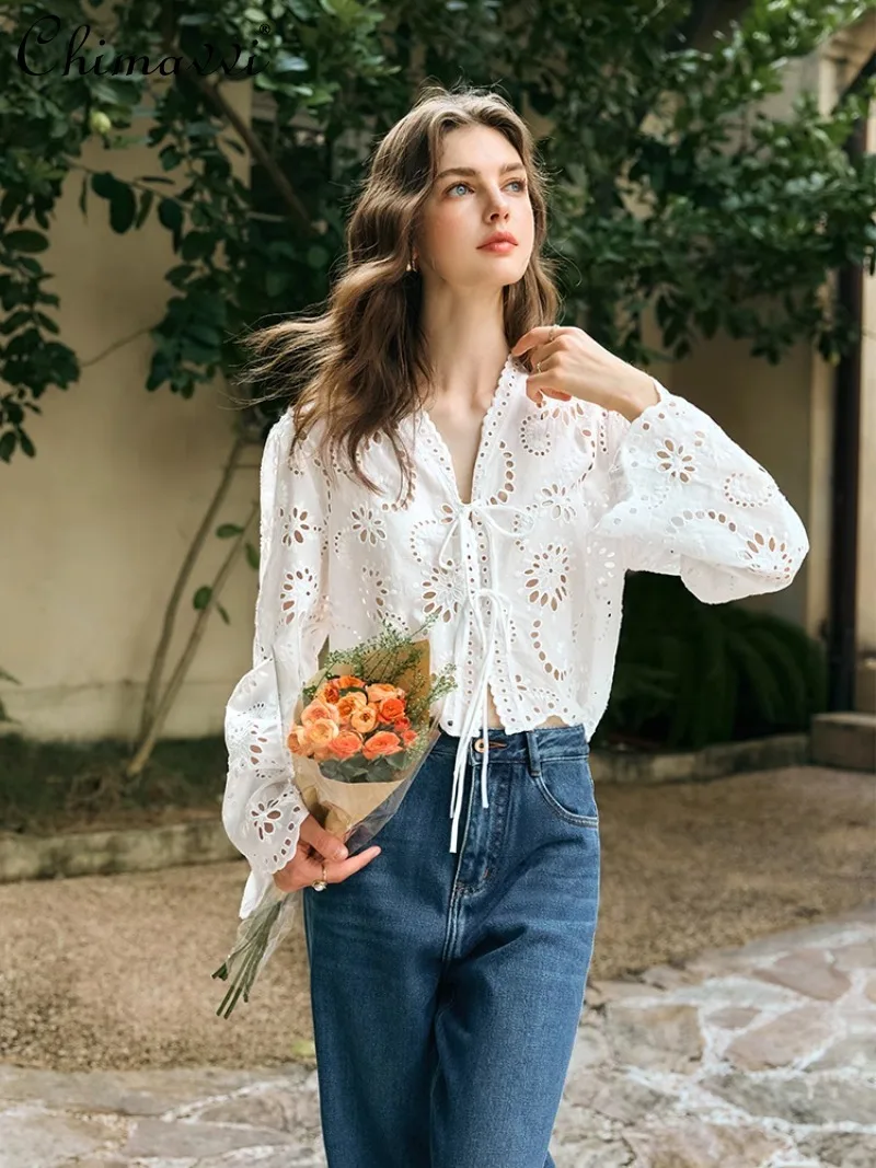 

2025 Spring New Milk White Chiffon Shirt Hollow Lace Long Sleeve Shirt For Women