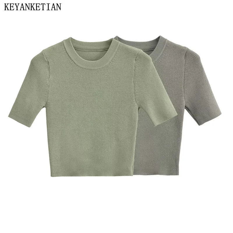 KEYANKETIAN-Top básico de cuello redondo para mujer, Top de punto elástico de manga corta, moda de calle alta, Top corto de cintura expuesta,