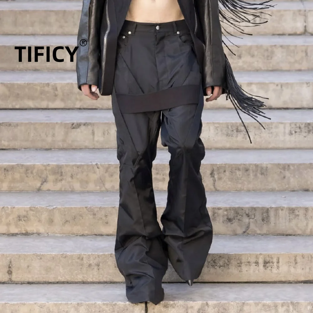High Street Ro 26ss Pants Men's Show Style Pure Black Splicing Strap Wide Leg Horn Floor Mopping Nylon Casual Loose Pants