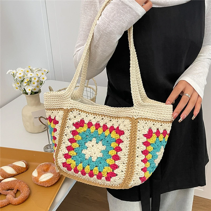 Granny Square Straw Shoulder Bag,Boho Ethnic Contrast Color Crochet Women Tote Bag,Roomy Summer Beach Vacation Handwoven Handbag