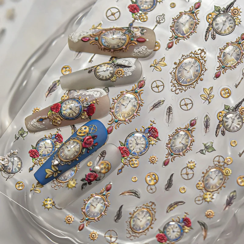 

Retro Rococo Clock Chinese Jelly Timepiece Feather Leaf Gear Key Rose Poker Heart Halloween Cat Nail Art Stickers Manicure Decal