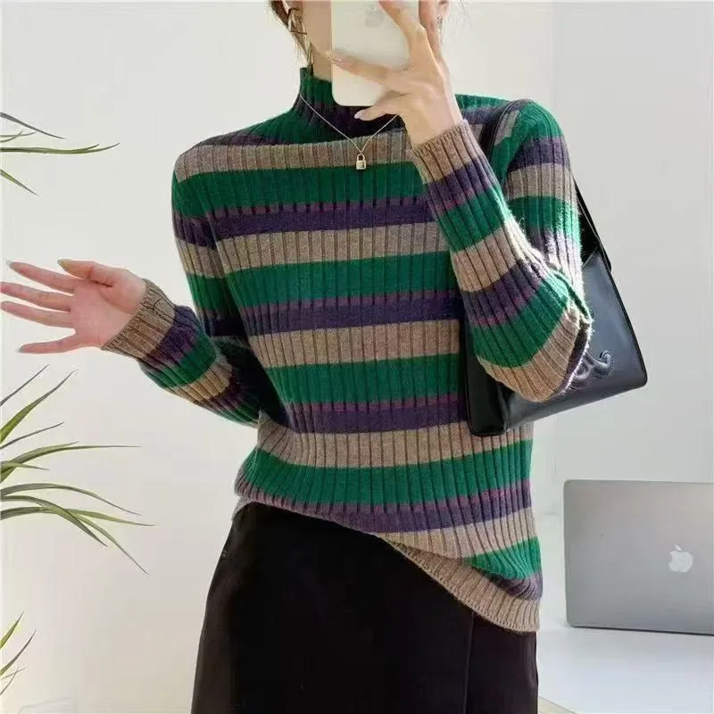 

Women's Clothing Vintage All-match Striped Knit Pullover Autumn Winter Fashion Slim Half High Collar Sweater Office Lady Y2k Top