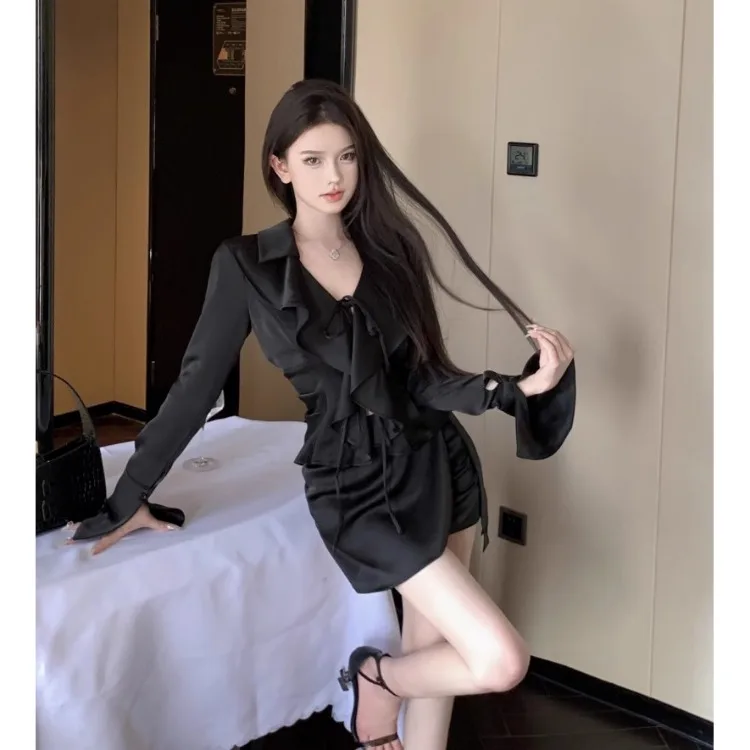 Korejepo French Temperament Ruffle Edge Lace Up Long Sleeved Shirt Black Suit Women Autumn Hip Skirt Satin Two Piece Set 2024