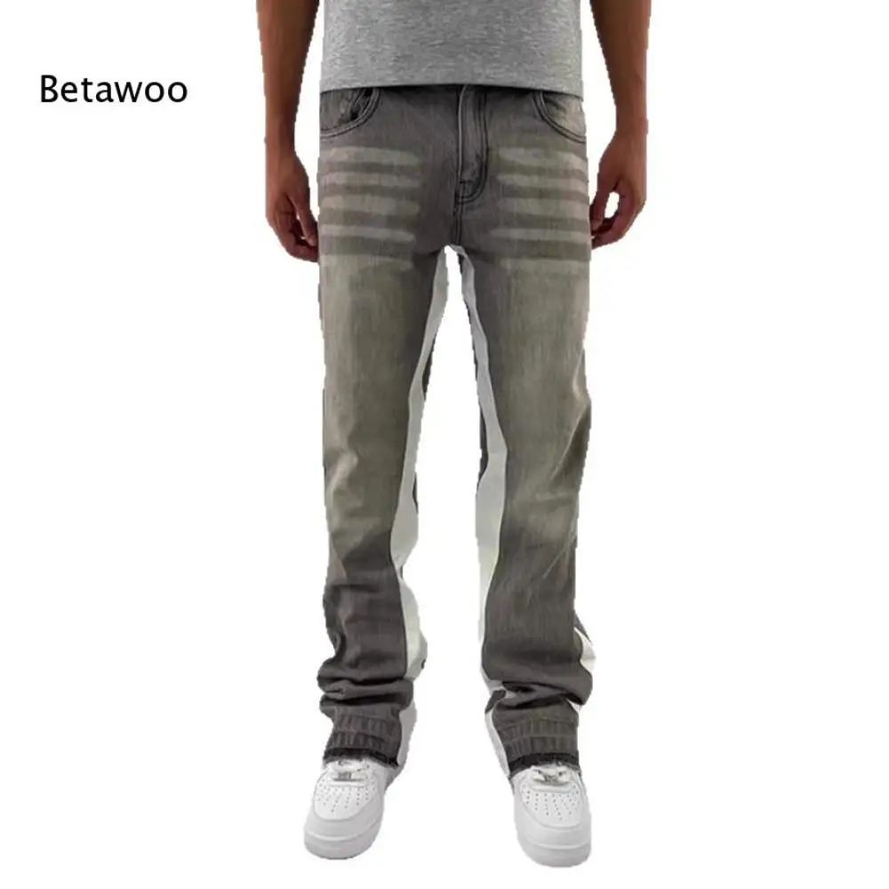 Men Black Washed Flare Denim Pants Double Knee Panel Design Button Zipper Closure Long Jeans For Street Casual Daily Outfits