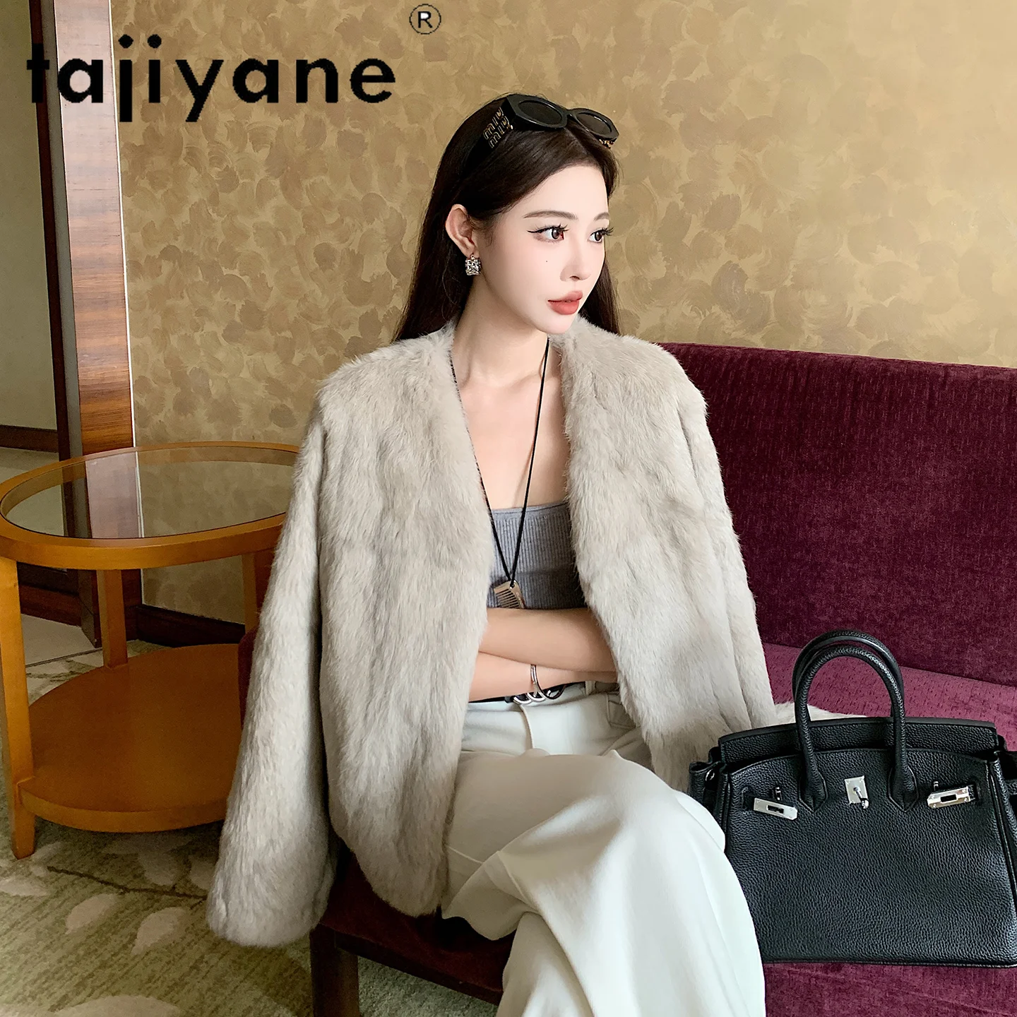 TAJIYANE 100% アンゴラウサギ毛皮コート レディース Vネック 本物の毛皮ジャケット 冬服 女性用 2025 高級ファー ジャケット 女性用コート