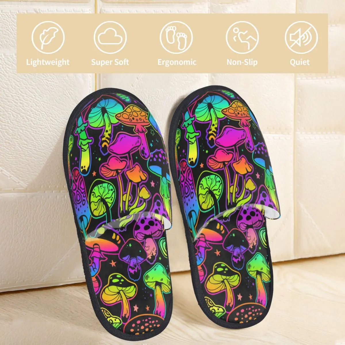 Winter Women Men Non-Slip Flat Slippers Psychedelic Mushrooms Print Indoor Fur Soft Warm Shoes