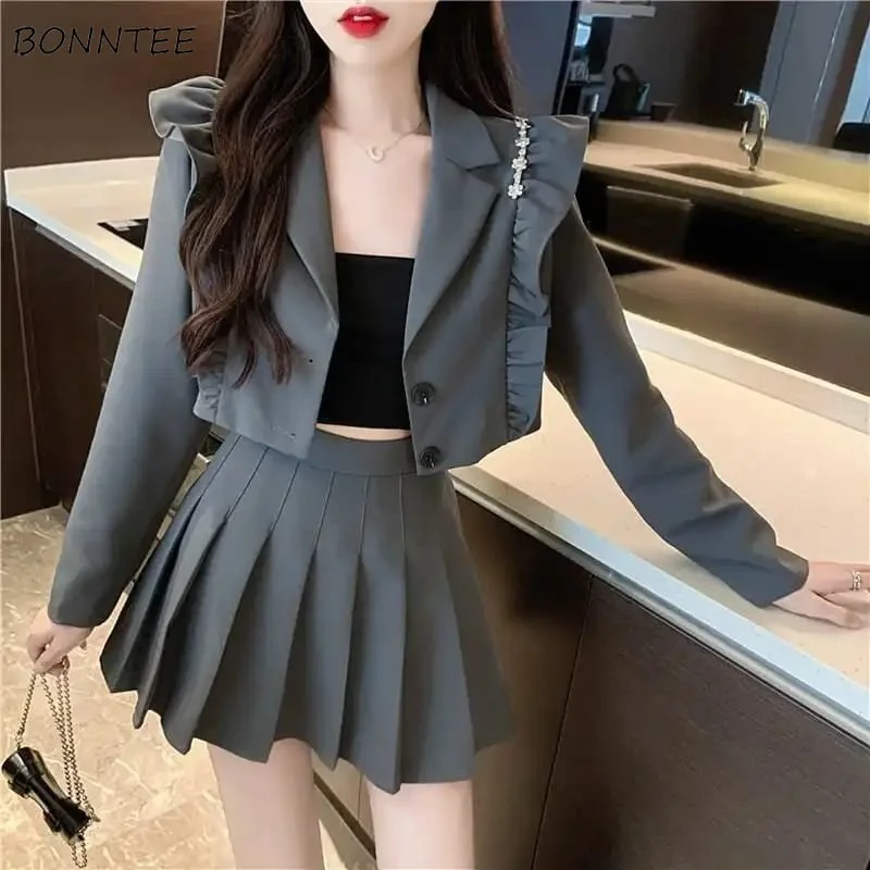 

Sets Women Preppy Style Solid Elegant Fashion OL Blazers Chic Crops Vintage Tender Mini Pleated Slim Skirts Casual Autumn 2pcs