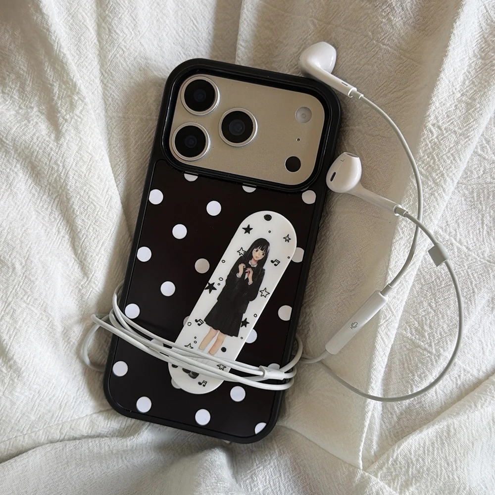 Niedliche Retro-Polka-Dot-Anime-Mädchen-Pflaster-Halterung, Handyhülle für iPhone 14, 15, 16, 17 Pro Max Air 13, stoßfeste Schutzhülle
